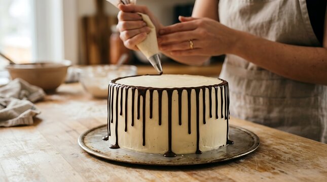 Dripping chocolate ganache onto a beautifully frosted cake, adding the perfect finishing touch to a homemade dessert