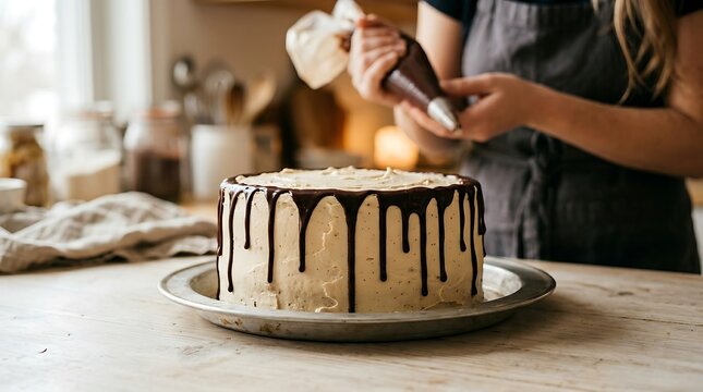 Close-up of a baker artfully drizzling chocolate ganache over a gourmet cake for a celebration or special occasion
