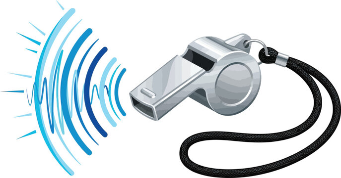 Metal sports referee whistle emitting sound waves vector illustration with competition exercise training equipment accessory vibration frequency illustration isolated