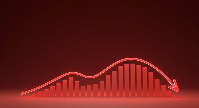 A glowing red 3D bar chart with a downward-pointing arrow on a dark background symbolizes a financial crash or economic recession.