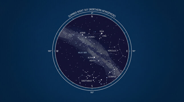 Minimal vector illustration featuring a star chart on a deep blue background.
Designed to evoke constellation observation and astronomy learning.