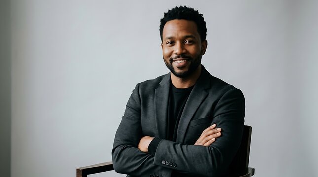 Portrait of a confident Black man in a business suit with his arms crossed, looking directly at the camera with a slight smile, against a neutral grey background