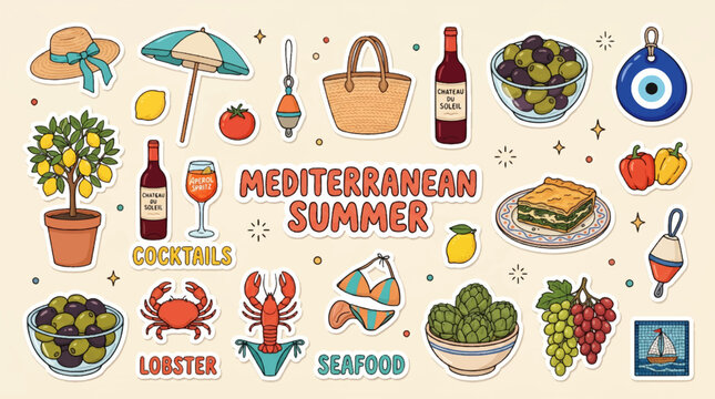 Cute hand drawn Mediterranean summer sticker set with colorful holiday doodle icons, beach umbrella, bikini, straw hat, evil eye amulet, lemon tree, Greek spinach pie, wine, and seafood illustration.