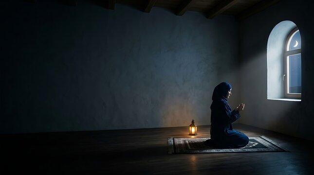 Muslim woman praying on a rug in a moonlit room at night