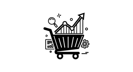 Shopping cart with growth chart and magnifying glass, business analytics icon © raka