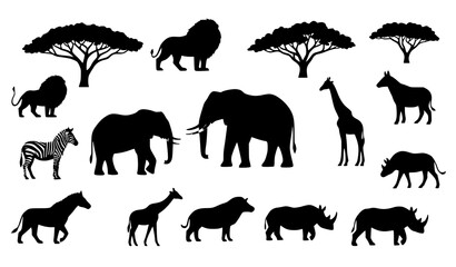 African Safari Animals Black Silhouette Set Featuring Elephant Lion Giraffe Zebra Rhinoceros and Acacia Trees for Nature and Wildlife Conservation Vector Graphics © Hosneara