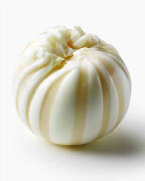 Close-up of a smooth, round, white and creamy mozzarella cheese ball with a striped pattern on a white background.