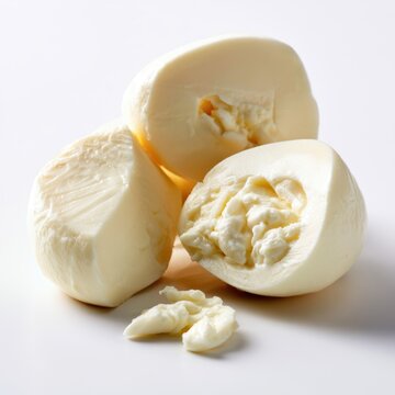 Soft, white mozzarella cheese balls, with one partially torn open revealing creamy, textured interior on a clean white surface.