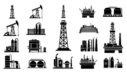 Industrial Oil Rig and Petroleum Refinery Silhouette Icon Set with Drilling Derricks Pumpjacks Fuel Tanks and Factory Infrastructure Graphic Design Elements © Hosneara