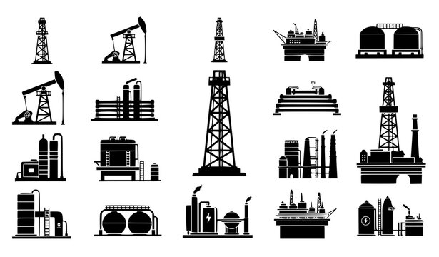 Industrial Oil Rig and Petroleum Refinery Silhouette Icon Set with Drilling Derricks Pumpjacks Fuel Tanks and Factory Infrastructure Graphic Design Elements