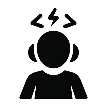 Person wearing headphones with confused expression and code symbols above head thinking