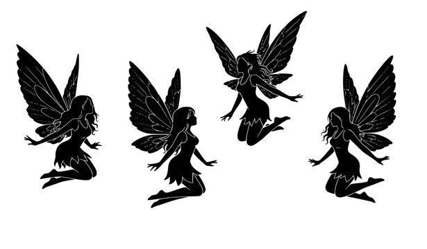 Magical Fairy Silhouette Vector Set Featuring Dark Mystical Wings and Sitting Pixie Poses for Fantasy Storybooks, Stencil Designs, and Tattoos