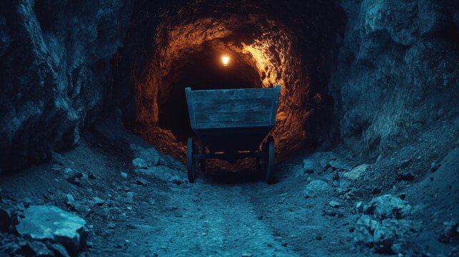 Old wooden mining cart in a dark abandoned tunnel