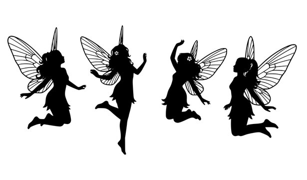 Mystical Flying Fairy Silhouette Vector Set with Elegant Magic Wings and Playful Pixie Poses for Fantasy Storybooks, Decals, and Girl Room Wallpaper Designs