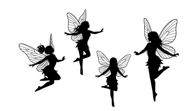 Flying Fairy Silhouette Vector Set with Elegant Magic Wings and Mystical Pixie Poses for Fantasy Storybooks, Tattoo Designs, and Kids Room Wall Art Stickers
