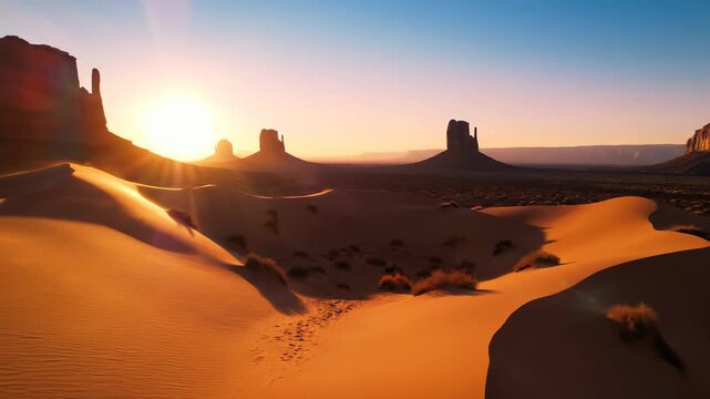 Golden desert landscape at sunset with dramatic rock formations and rolling sand dunes, warm sunlight casting long shadows