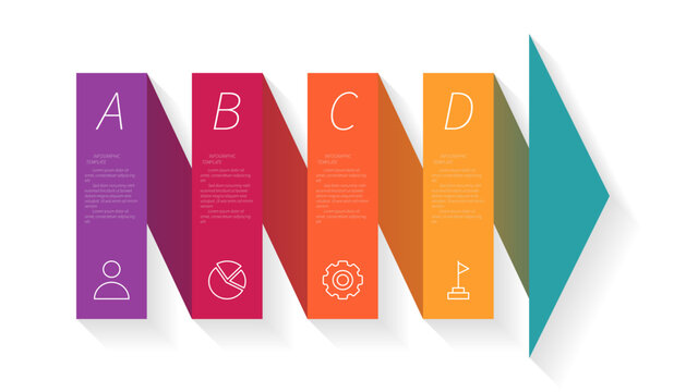 Modern arrow infographic banner template with alphabet sections, business icons, colorful blocks, and long shadow layout for presentations.