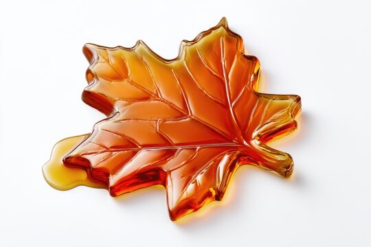 A glossy amber maple leaf-shaped candy or syrup spill on a white surface.