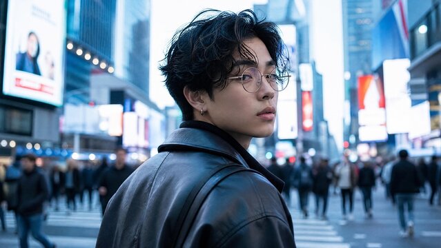Stylish Young Asian Man in Leather Jacket at Times Square New York