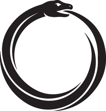 Black and white silhouette of an ouroboros snake eating its own tail in a circular shape isolated on a plain white background