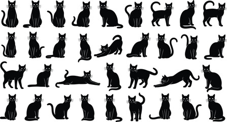 Black cat silhouettes collection, sitting standing walking cats illustration, feline vector poses, Halloween and pet design artwork © allustra