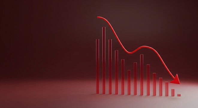 3D render of a red financial bar chart showing a sharp downward trend with a red arrow on a dark background representing economic recession.