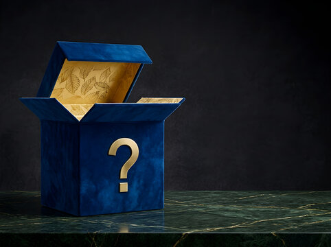 Luxury mystery box concept, open blue velvet package with golden question mark on green marble table with copy space