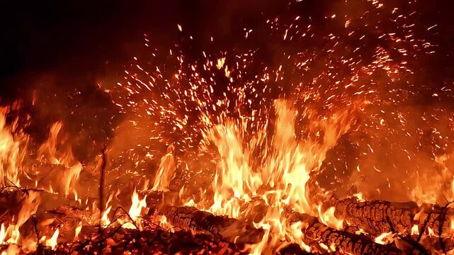 Intense Bonfire Burning Brightly at Night with Sparks Flying Upwards
