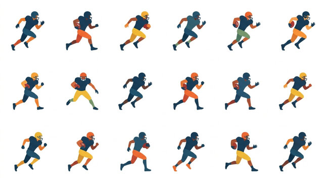 Diverse Football Players Running Action Icons.