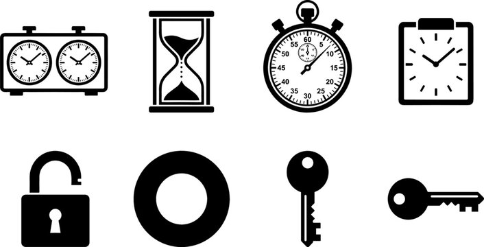 Time and Security Vector Icon Set with Clock Chess Timer Hourglass Stopwatch Padlock Key and User Interface Symbols for Business Management Designs
