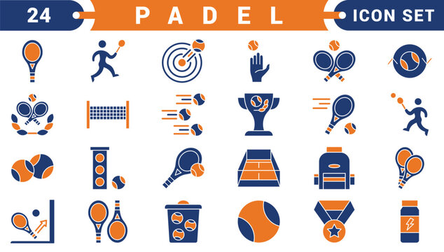Padel Icons set. Containing Icons. racket, court, ball, and more. Vector illustration
