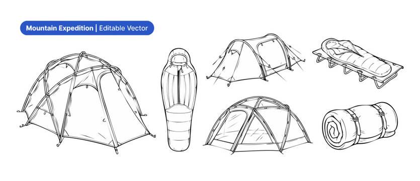 Camping tent sleeping bag vector line art icons set for outdoor adventure, mountain expedition equipment, overnight hiking gear, travel shelter, sleeping pad, cot, isolated black and white details.