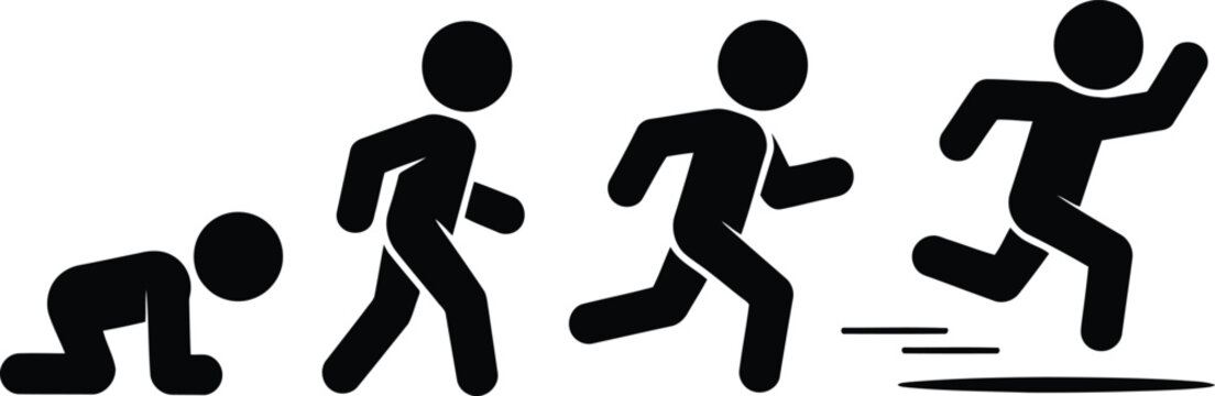 Human evolution stages from crawling to upright walking and running