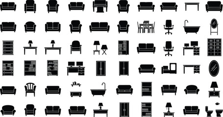 Black silhouette furniture vector set with sofas, chairs, tables, lamps, bathtubs, wardrobes, bookshelves, office furniture, and home decor icons © allustra