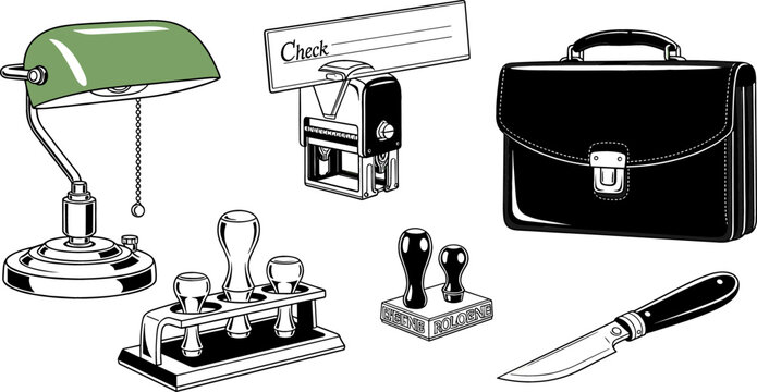 Vintage Legal Office and Notary Public Vector Icon Set with Bankers Lamp Leather Briefcase Rubber Stamps Check Endorser and Letter Opener Knife Designs