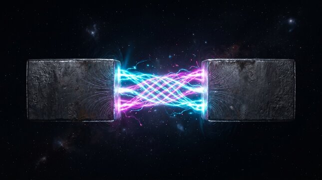 Two dark magnets lock together via unbreakable glowing cyan and magenta energy waves, symbolizing deep loyalty and a strong relationship.
