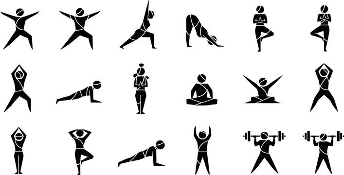 Yoga Poses and Fitness Workout Vector Icon Set with Stick Figure Silhouettes of Meditating Bodyweight Training and Weightlifting Exercises for Wellness Designs