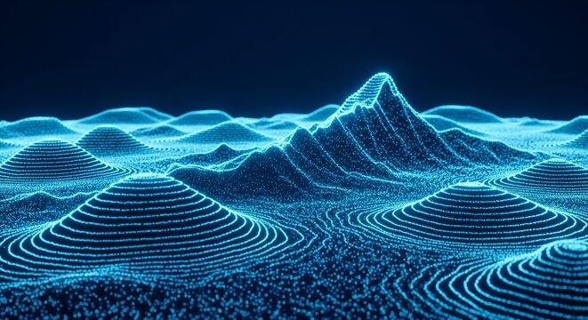 Digital Terrain Data Landscape 3D Render Glowing Blue Wireframe Point Cloud for Big Data Visualization and Virtual Reality Topography Background