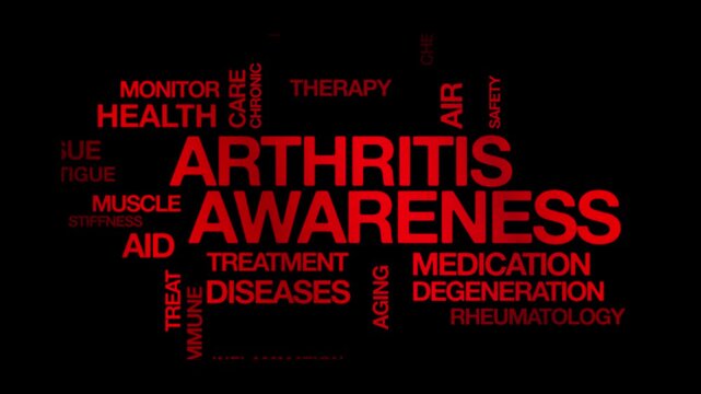 arthritis awareness concept Animated Tag Word Cloud kinetic typography, Text Design Animation typography seamless loop video motion graphics Intro Wordart arrangement red type on black background bg