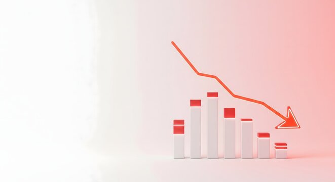 Three dimensional bar chart with a red downward arrow indicating financial loss and economic recession over a white background.