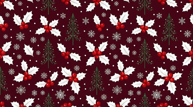 Festive christmas pattern with holly berries and snowflakes on red