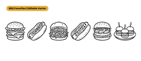 Plakat BBQ food vector icons set featuring burgers, hot dogs, sliders, and pulled pork sandwich line art illustrations for restaurant menu design, fast food branding, summer cookout graphics, and cafe logos.