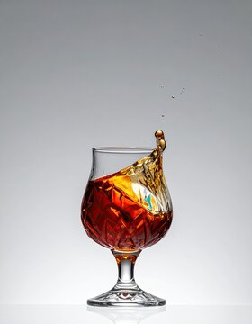 Dynamic Splash of Amber Liquid in a Brandy Snifter Glass.