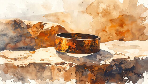 Rusty Metal Bracelet on Desert Landscape with Watercolor Effect