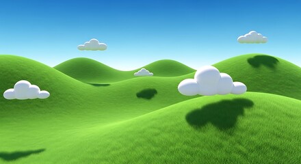 Fototapeta premium Vibrant rolling green hills with white cartoon clouds in blue sky