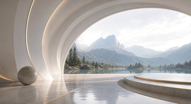 Futuristic minimalist pavilion with a curved arch wall, a stone sphere, and a round podium stage overlooking a serene lake, pine forest, and mountain landscape view