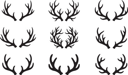 Obraz premium Black silhouette deer antlers horns collection bundle set isolated on white background for hunting logo design and rustic outdoor branding
