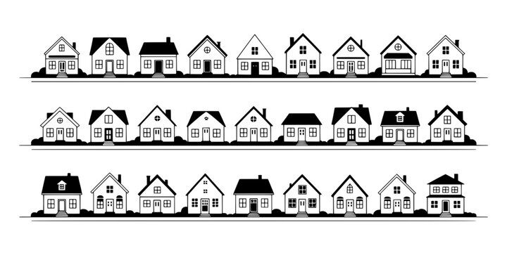 House Row Pattern in Black and White, Minimalist Street Scene with Repeated Homes for Vector Backgrounds and Icons
