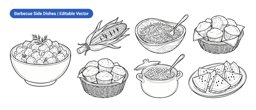 BBQ side dishes vector illustration set containing potato salad, corn on the cob, coleslaw, cornbread muffins, baked beans, and watermelon slices for summer cookout picnic menu design line art icons