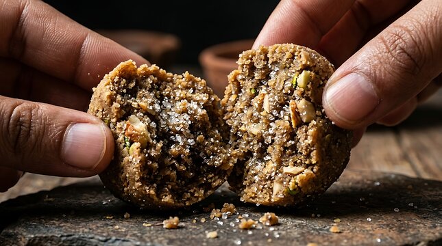 Hands breaking a traditional sweet laddu with sugar and nuts